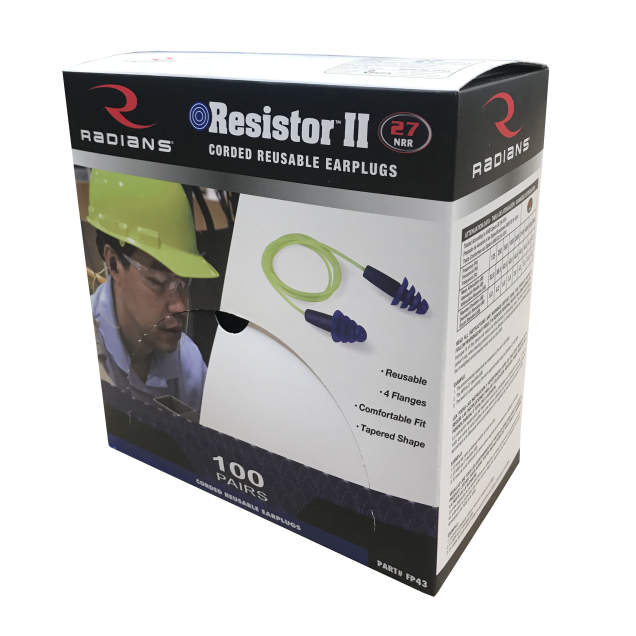 Radians Resistor® II Reusable Flanged Corded Earplugs 100 PER BOX